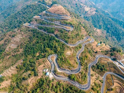 An aerial view shows a curved section of the BP Highway in Sindhuli, Nepal, on February 19, 2026.Drone View Of A Curved Section Of The BP Highway In Sindhuli, Nepal - 19 Feb 2026,Image: 1077574791, License: Rights-managed, Restrictions:, Model Release: no