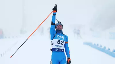 Biathlon - Biathlon World Cup - Oberhof, Germany - January 8, 2026 Italy's Tommaso Giacomel celebrates after winning the men's 10km sprint REUTERS/Matthew Childs