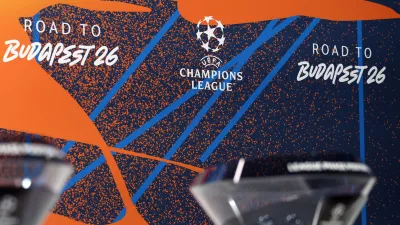 Soccer Football - UEFA Champions League - Draw for Round of 16, Quarter Finals, Semi Finals & Final - UEFA Headquarters, Nyon, Switzerland - February 27, 2026 General view of the UEFA Champions League logo before the draw REUTERS/Pierre Albouy