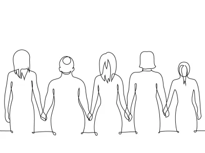 women stand with their backs in a row holding hands - one line art vector. concept female community, body diversity, representation, solidarity / Foto: Kamila Baimukasheva Getty Images