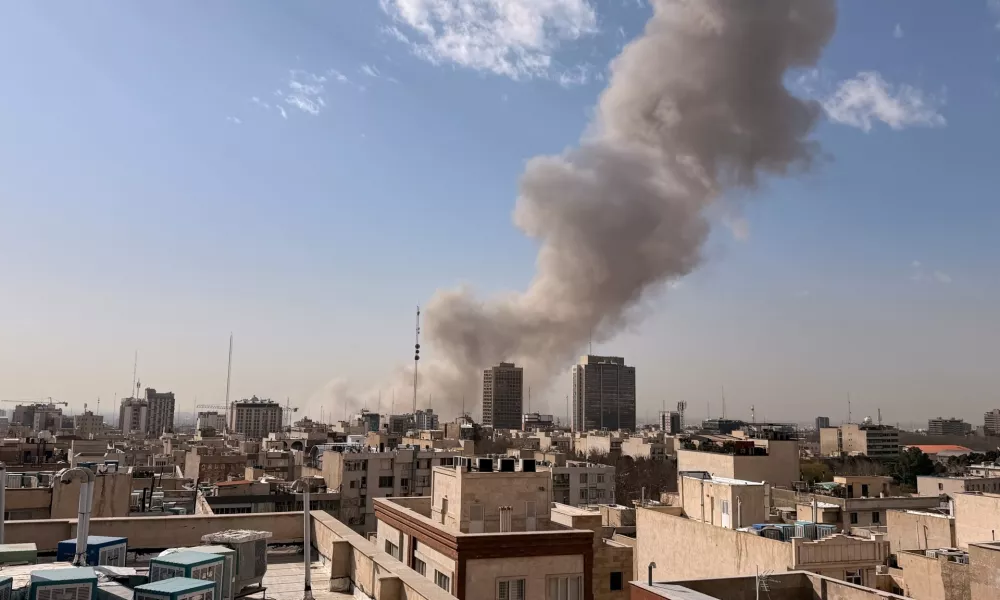 Smoke rises on the skyline after an explosion in Tehran, Iran, Saturday, Feb. 28, 2026.(AP Photo)