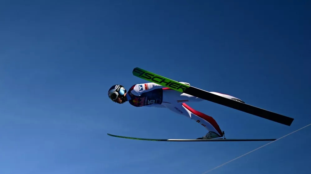 Ski Jumping - FIS Ski Jumping World Cup - Kulm, Tauplitz, Austria - February 28, 2026 Austria's Stephan Embacher in action during the men's flying hill HS235 first round REUTERS/Christian Bruna