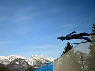 Ski Jumping - FIS Ski Jumping World Cup - Kulm, Tauplitz, Austria - February 28, 2026 Slovenia's Domen Prevc in action during the men's flying hill HS235 first round REUTERS/Christian Bruna