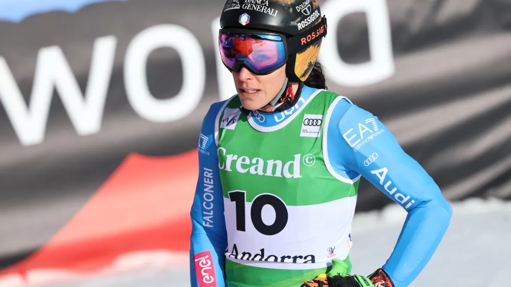 Italy's Federica Brignone reacts at the finish area during a women's World Cup super-G race, in Soldeu, Andorra, Saturday, Feb. 28, 2026. (AP Photo/Marco Trovati)