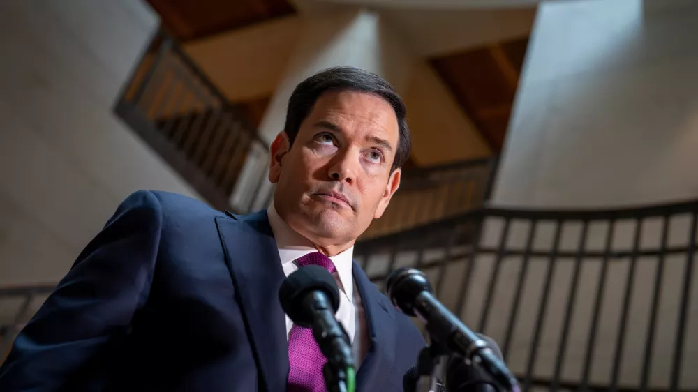 Secretary of State Marco Rubio speaks to reporters as he arrives for an intelligence briefing with top lawmakers on Iran, at the Capitol in Washington, Monday, Mar. 2, 2026. (AP Photo/J. Scott Applewhite)