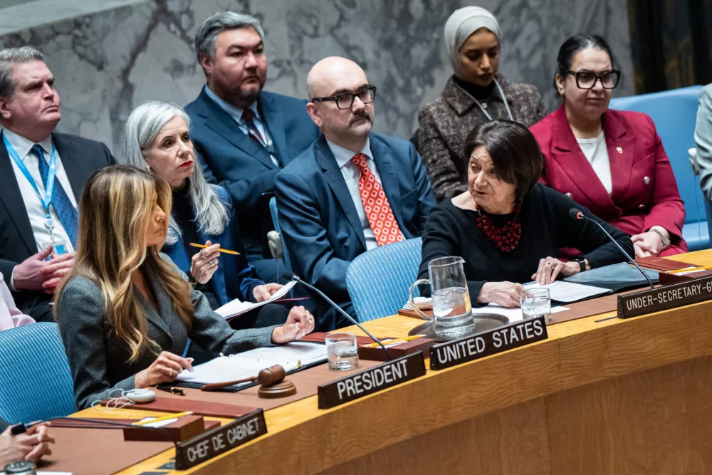 Melania Trump, first lady of the United States, presides over the United Nations Security Council at United Nations headquarters, Monday, March 2, 2026. (AP Photo/Angelina Katsanis)