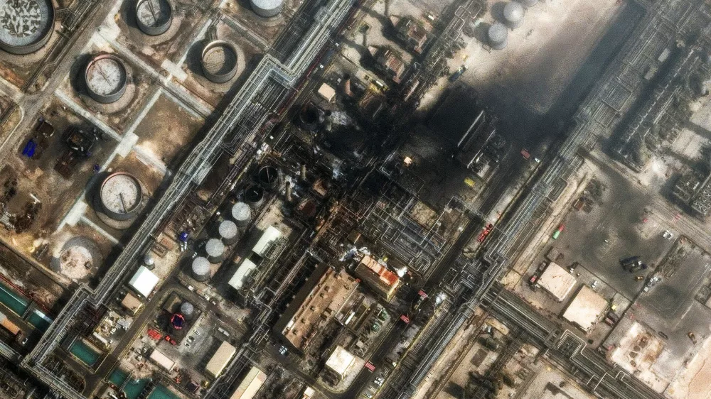 This satellite image provided by Vantor shows damage after a drone attack at Ras Tanura oil refinery, in Saudi Arabia, Monday, March 2, 2026. (Satellite image &copy;2026 Vantor via AP)