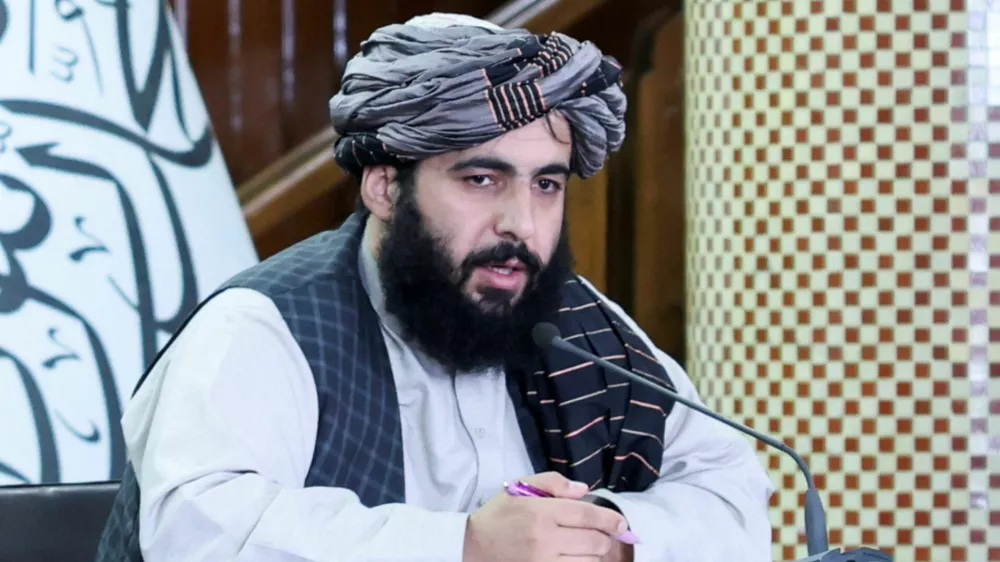 Taliban Deputy Spokesman Hamdullah Fitrat speaks during a press conference about the conflict between Afghanistan and Pakistan, in Kabul, Afghanistan, March 3, 2026. REUTERS/Ramin Sadat