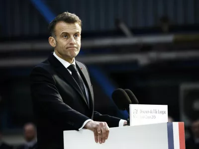 French President Emmanuel Macron delivers a speech at the nuclear submarines Navy base Ile Longue in Crozon, France, March 2, 2026. Yoan Valat /Pool via REUTERS