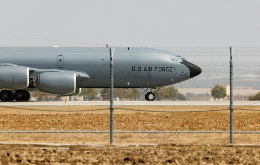 FILE PHOTO: A U.S. Airforce Boeing KC-135 Stratotanker taxies at the Moron Air Base in Moron de la Frontera, southern Spain, August 27, 2021. REUTERS/Marcelo del Pozo/File Photo