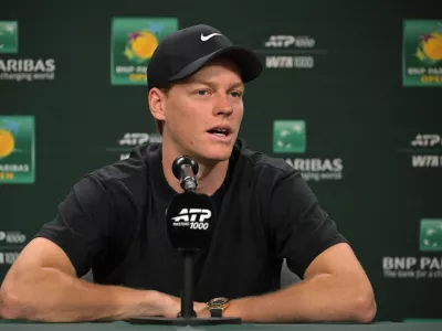 Mar 3, 2026; Indian Wells, CA, USA; Jannik Sinner (ITA) speaks at a news conference during the BNP Paribas Open at the Indian Wells Tennis Garden. Mandatory Credit: Jayne Kamin-Oncea-Imagn Images