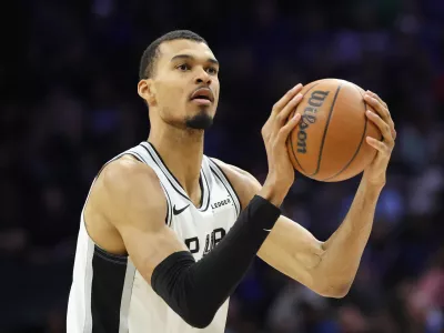 Mar 3, 2026; Philadelphia, Pennsylvania, USA; San Antonio Spurs forward Victor Wembanyama (1) shoots the ball against the Philadelphia 76ers during the second quarter at Xfinity Mobile Arena. Mandatory Credit: Bill Streicher-Imagn Images