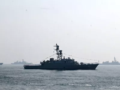 Iranian warship IRIS Dena is seen in the Bay of Bengal during International Fleet Review held at Visakhapatnam, India, Feb. 18, 2026. (AP Photo)