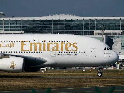 FILE PHOTO: An Emirates plane with German tourists evacuated from the Middle East arrives from Dubai, amid the U.S.-Israeli conflict with Iran, at the airport in Frankfurt, Germany, March 3, 2026. REUTERS/Kai Pfaffenbach/File Photo