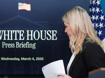 White House press secretary Karoline Leavitt departs after speaking with reporters in the James Brady Press Briefing Room at the White House, Wednesday, March 4, 2026, in Washington. (AP Photo/Alex Brandon)