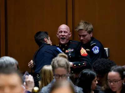 WASHINGTON, DC - MARCH 4: Brian McGinnis, a protester dressed in a military uniform, disrupts a Senate Armed Services Subcommittee hearing on Capitol Hill on March 4, 2026 in Washington, DC. The protester has been identified as Brian McGinnis from North Carolina. The Subcommittee on Readiness and Management Support is holding a hearing to examine the current readiness of the Joint Force. Andrew Harnik,Image: 1080109636, License: Rights-managed, Restrictions:, Model Release: no