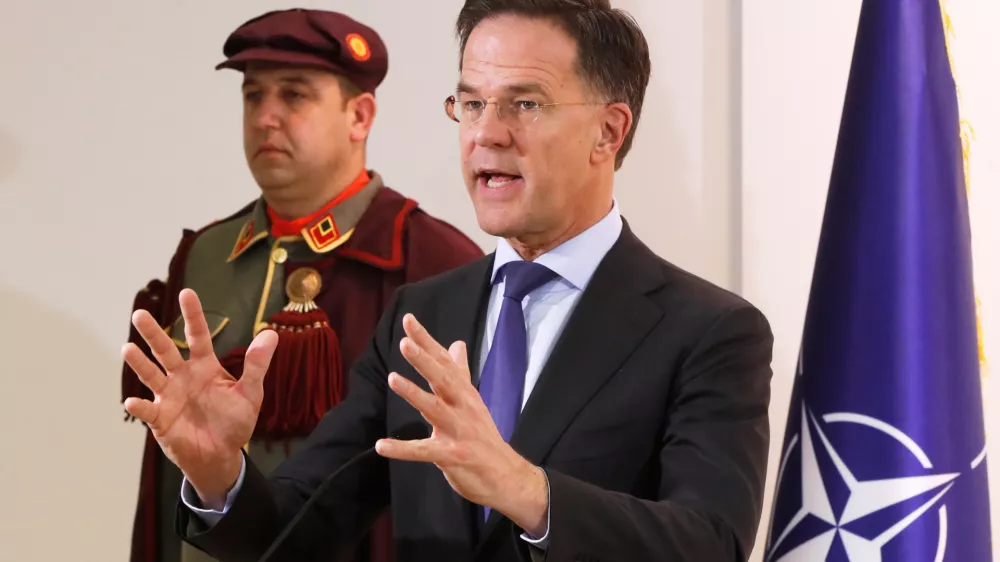 NATO Secretary General Mark Rutte speaks during a news conference with North Macedonia's President Gordana Siljanovska-Davkova, following their meeting at the presidential office in Skopje, North Macedonia, on Tuesday, March 3, 2026. (AP Photo/Boris Grdanoski)