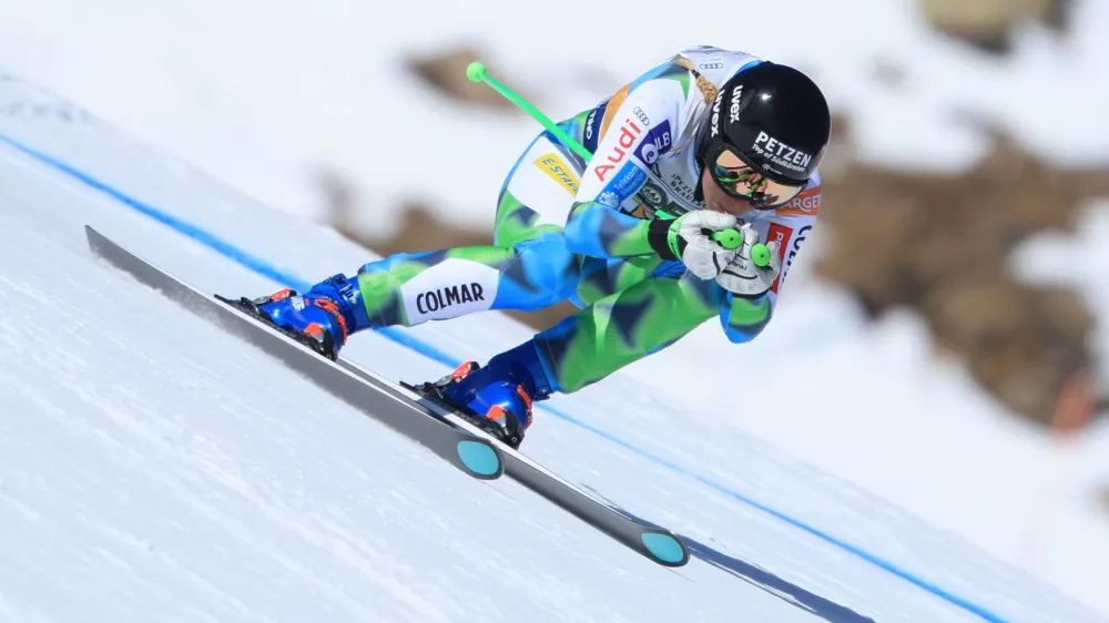 Slovenia's Ilka Stuhec speeds down the course during a women's World Cup downhill training, in Val di Fassa, Italy, Thursday, March 5, 2026. (AP Photo/Luciano Bisi)