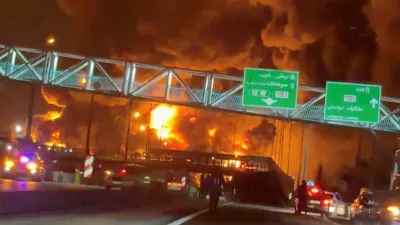 Fire burns and smoke rises from Aqdasieh Oil Depot after being reportedly hit by strike, amid the U.S.-Israeli conflict with Iran, in Tehran, Iran in this screengrab taken from a social media video released on March 8, 2026. SOCIAL MEDIA/via REUTERS THIS IMAGE HAS BEEN SUPPLIED BY A THIRD PARTY. NO RESALES. NO ARCHIVES. VERIFICATION: Reuters confirmed the location as Tehran by the road layout, utility poles and trees which match file and satellite imagery. The date of the video could not be verified, but no older version was found posted online before March 8. Israeli military also wrote on Telegram that it had struck a number of fuel storage facilities in Tehran on March 8. Iran's state agencies reported attacks on a number of oil depots on March 7. NASA FIRMS detected thermal activity on coordinate 35.790649529257415, 51.539333520742645 at 1:50 a.m. on March 8 (10:20 p.m. UTC March 7). The coordinates were tagged as Petrol Storage Aqdasieh on the online map.