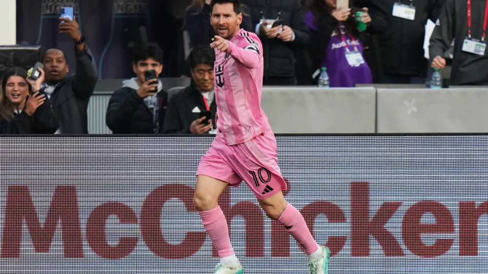 Inter Miami forward Lionel Messi (10) celebrates after his goal against D.C. United during the first half of an MLS soccer match, Saturday, March 7, 2026, in Baltimore. (AP Photo/Stephanie Scarbrough)