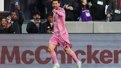 Inter Miami forward Lionel Messi (10) celebrates after his goal against D.C. United during the first half of an MLS soccer match, Saturday, March 7, 2026, in Baltimore. (AP Photo/Stephanie Scarbrough)