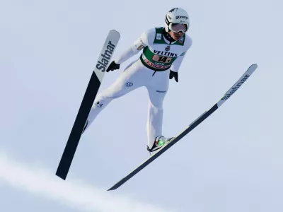 Anze Lanisek of Slovenia competes during Ski Jumping Men's HS130 Super Team at the FIS Nordic World Cup Lahti Ski Games in Lahti, Finland, March 8, 2026. Lehtikuva/Petri Korteniemi via REUTERS   ATTENTION EDITORS - THIS IMAGE WAS PROVIDED BY A THIRD PARTY. NO THIRD PARTY SALES. NOT FOR USE BY REUTERS THIRD PARTY DISTRIBUTORS. FINLAND OUT. NO COMMERCIAL OR EDITORIAL SALES IN FINLAND.