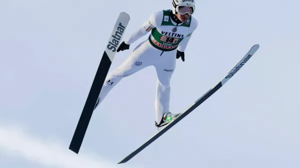 Anze Lanisek of Slovenia competes during Ski Jumping Men's HS130 Super Team at the FIS Nordic World Cup Lahti Ski Games in Lahti, Finland, March 8, 2026. Lehtikuva/Petri Korteniemi via REUTERS   ATTENTION EDITORS - THIS IMAGE WAS PROVIDED BY A THIRD PARTY. NO THIRD PARTY SALES. NOT FOR USE BY REUTERS THIRD PARTY DISTRIBUTORS. FINLAND OUT. NO COMMERCIAL OR EDITORIAL SALES IN FINLAND.