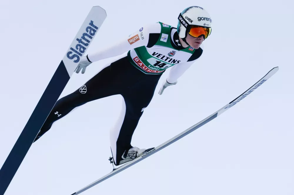 Domen Prevc of Slovenia competes during the Ski Jumping Men's HS130 Super Team at the FIS Nordic World Cup Lahti Ski Games in Lahti,, Finland, Sunday March 8, 2026. (Petri Korteniemi/Lehtikuva via AP)