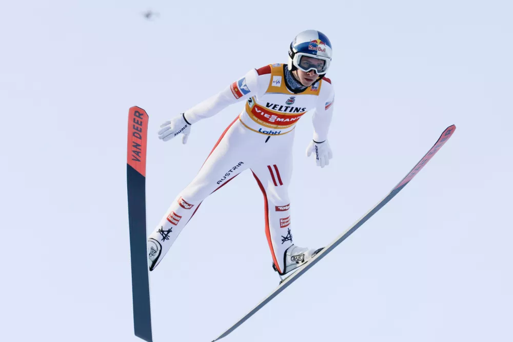 Daniel Tschofenig of Austria competes during the Ski Jumping Men's HS130 Super Team at the FIS Nordic World Cup Lahti Ski Games in Lahti,, Finland, Sunday March 8, 2026. (Petri Korteniemi/Lehtikuva via AP)