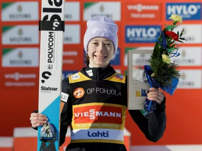 Ski Jumping - FIS Ski Jumping World Cup - Lahti, Finland - March 6, 2026 Slovenia's Nika Prevc celebrates after winning the women's HS130 Individual Petri Korteniemi/Lehtikuva via REUTERS ATTENTION EDITORS - THIS IMAGE WAS PROVIDED BY A THIRD PARTY. NO THIRD PARTY SALES. NOT FOR USE BY REUTERS THIRD PARTY DISTRIBUTORS. FINLAND OUT. NO COMMERCIAL OR EDITORIAL SALES IN FINLAND.