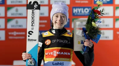 Ski Jumping - FIS Ski Jumping World Cup - Lahti, Finland - March 6, 2026 Slovenia's Nika Prevc celebrates after winning the women's HS130 Individual Petri Korteniemi/Lehtikuva via REUTERS ATTENTION EDITORS - THIS IMAGE WAS PROVIDED BY A THIRD PARTY. NO THIRD PARTY SALES. NOT FOR USE BY REUTERS THIRD PARTY DISTRIBUTORS. FINLAND OUT. NO COMMERCIAL OR EDITORIAL SALES IN FINLAND.
