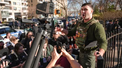 Jake Lang demonstrates outside Gracie Mansion after a news conference by New York Mayor Zohran Mamdani, Monday, March 9, 2026, in New York. (AP Photo/Angelina Katsanis)