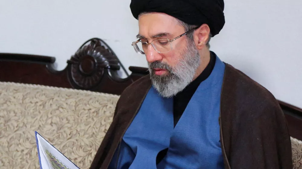 FILE PHOTO: Mojtaba Khamenei, the second son of Iran's Supreme Leader Ayatollah Ali Khamenei, visits Hezbollah's office in Tehran, Iran, October 1, 2024. Office of the Iranian Supreme Leader/WANA (West Asia News Agency)/Handout via REUTERS/File Photo  ATTENTION EDITORS - THIS PICTURE WAS PROVIDED BY A THIRD PARTY. THIS PICTURE WAS PROCESSED BY REUTERS TO ENHANCE QUALITY. AN UNPROCESSED VERSION HAS BEEN PROVIDED SEPARATELY.