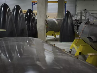 Parts of Flamingo missiles are seen at Fire Point's secret factory in Ukraine on Monday, Aug. 18, 2025. (AP Photo/Efrem Lukatsky)