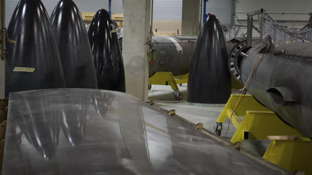 Parts of Flamingo missiles are seen at Fire Point's secret factory in Ukraine on Monday, Aug. 18, 2025. (AP Photo/Efrem Lukatsky)