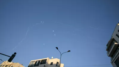 Vapour trails in the sky after Israel intercepted projectiles launched from Lebanon, amid an escalation between Hezbollah and Israel, and amid the U.S.-Israeli conflict with Iran, as seen from Tel Aviv, Israel March 9, 2026. REUTERS/Dylan Martinez