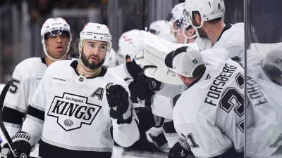 Mar 10, 2026; Boston, Massachusetts, USA; Los Angeles Kings defenseman Drew Doughty (8) celebrates his goal with his teammates during the third period against the Boston Bruins at TD Garden. Mandatory Credit: Bob DeChiara-Imagn Images