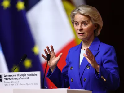 European Commission President Ursula von der Leyen speaks during the opening plenary session of the IAEA Nuclear Energy Summit in Paris, Tuesday, March 10, 2026. (Abdul Saboor/Pool Photo via AP)