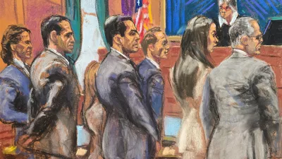 High-profile real estate agent brothers Alon Alexander, Oren Alexander and Tal Alexander stand with their legal team, including Marc Agnifilo, as the jury enters the court to deliver their verdict before Judge Valerie E. Caproni in New York City, U.S., March 9, 2026, in a courtroom sketch. REUTERS/Jane Rosenberg