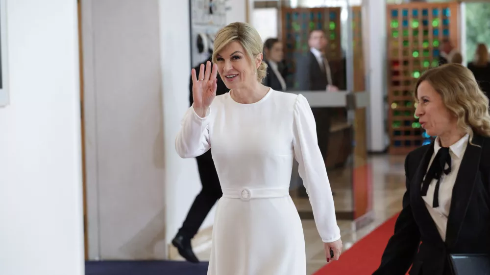 Croatia's former President Kolinda Grabar-Kitarovic?arrives at current President Zoran Milanovic's swearing-in ceremony held at the Presidential Palace in Zagreb, Croatia, February 18, 2025. Lana Slivar Dominic/Pool via REUTERS