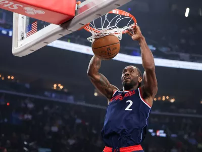 Los Angeles Clippers forward Kawhi Leonard (2) dunks during the first half of an NBA basketball game against the Minnesota Timberwolves, Wednesday, March 11, 2026, in Inglewood, Calif. (AP Photo/Jessie Alcheh)