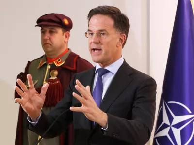 NATO Secretary General Mark Rutte speaks during a news conference with North Macedonia's President Gordana Siljanovska-Davkova, following their meeting at the presidential office in Skopje, North Macedonia, on Tuesday, March 3, 2026. (AP Photo/Boris Grdanoski)