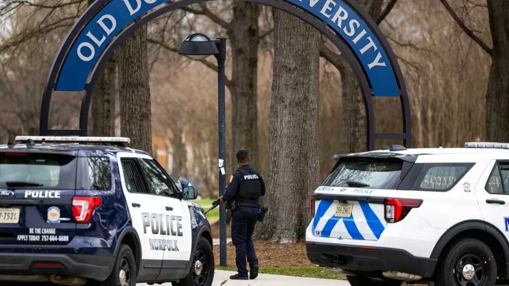 Police arrive outside Old Dominion University's campus after reports of an active shooter on Thursday, March 12, 2026 in Norfolk, Va. (Kendall Warner/The Virginian-Pilot via AP)