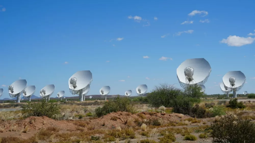 CAPE TOWN, Dec. 4, 2025 -- This photo taken on Sept. 24, 2025 shows the antenna array of MeerKAT radio telescope in Carnarvon, Northern Cape Province of South Africa. TO GO WITH "S. African scientists discover most distant ultra-steep-spectrum radio halo",Image: 1056491267, License: Rights-managed, Restrictions:, Model Release: no