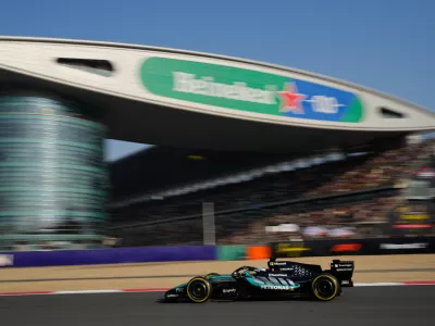 Mercedes driver George Russell of Britain steers his car during the sprint qualifying ahead of the Chinese Formula One Grand Prix race in Shanghai, China, Friday, March 13, 2026. (AP Photo/Vincent Thian)