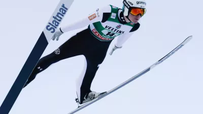 Domen Prevc of Slovenia competes during the Ski Jumping Men's HS130 Super Team at the FIS Nordic World Cup Lahti Ski Games in Lahti,, Finland, Sunday March 8, 2026. (Petri Korteniemi/Lehtikuva via AP)