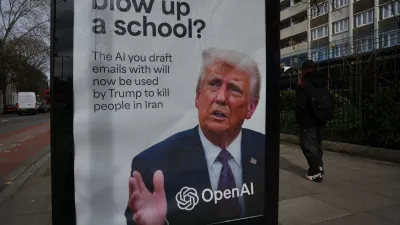 A poster featuring U.S. President Donald Trump, which was installed by protesters from the group 'Everyone hates Elon', is seen at a bus stop in London, Friday, March 13, 2026. (AP Photo/Kin Cheung)