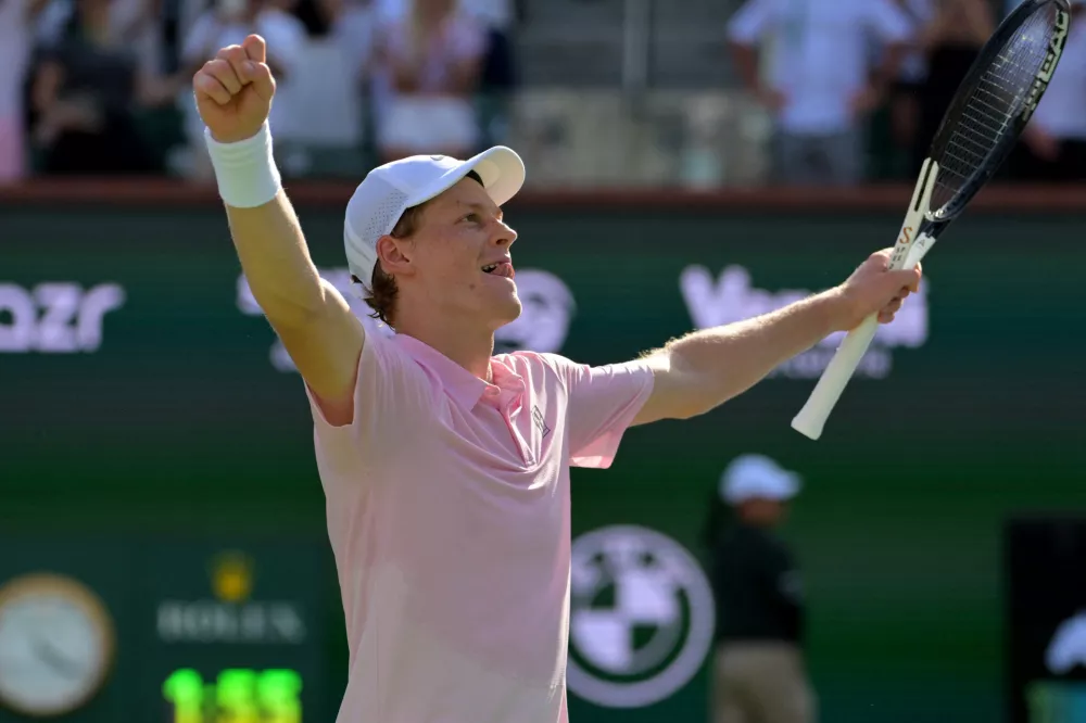 Mar 15, 2026; Indian Wells, CA, USA; Jannik Sinner (ITA) reacts at match point as he defeated Daniil Medvedev (RUS) in the menŐs final of the BNP Paribas Open at the Indian Wells Tennis Garden. Mandatory Credit: Jayne Kamin-Oncea-Imagn Images