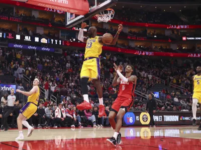 Mar 16, 2026; Houston, Texas, USA; Los Angeles Lakers forward LeBron James (23) scores a basket during the fourth quarter against the Houston Rockets at Toyota Center. Mandatory Credit: Troy Taormina-Imagn Images
