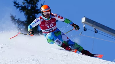 Slovenia's Miha Hrobat speeds down the course during an alpine ski, men's World Cup downhill race, in Courchevel, France, Friday, March 13, 2026. (AP Photo/Pier Marco Tacca)